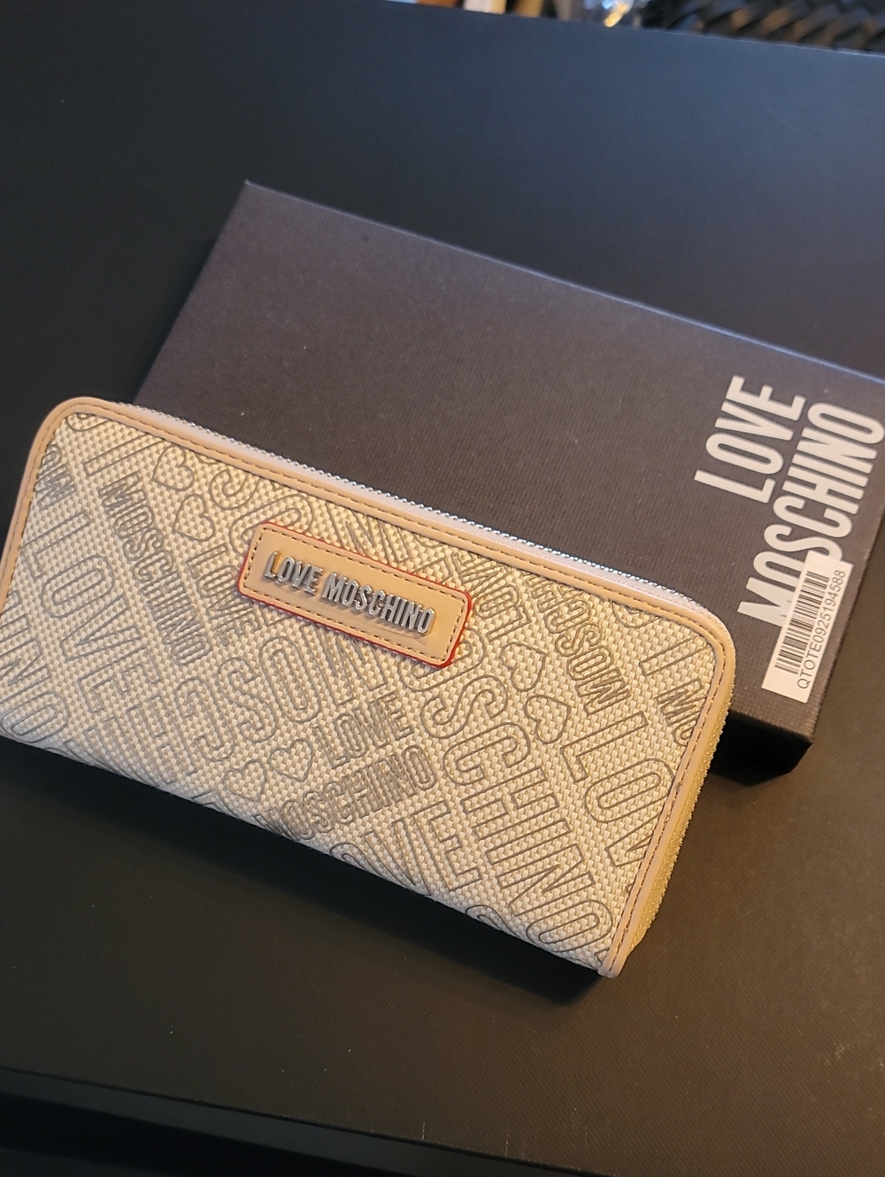 Love Moschino Beige Logo Zip-Around Wallet with Metal Plaque